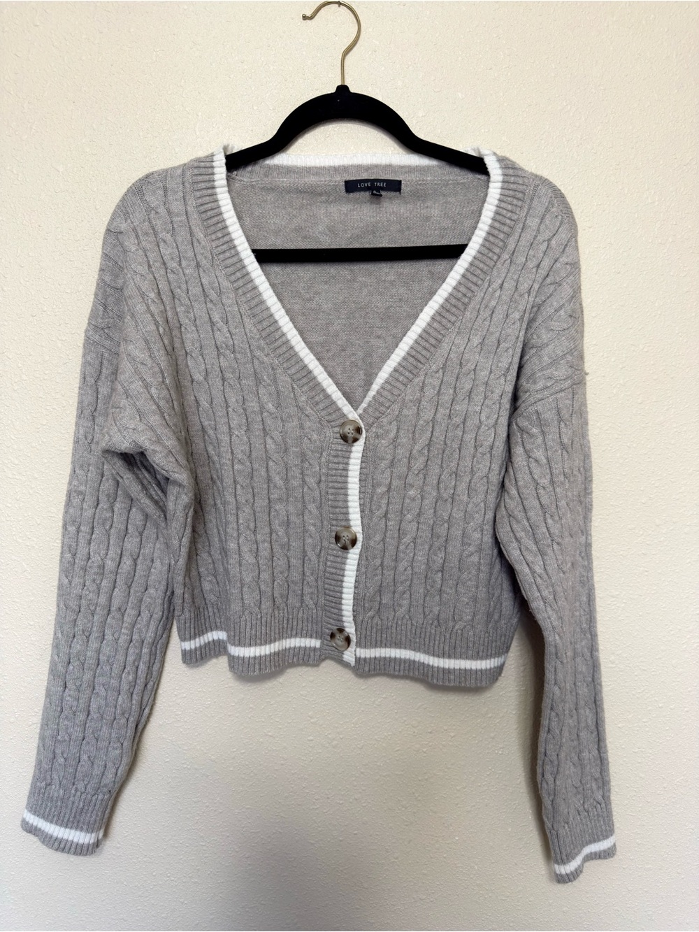 Love Tree Light Gray Cardigan with White Trim - Cable Knit V-Neck